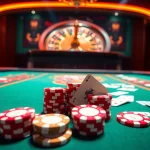 Xocdia88 lively gaming table showcasing cards and chips in a luxurious casino atmosphere.