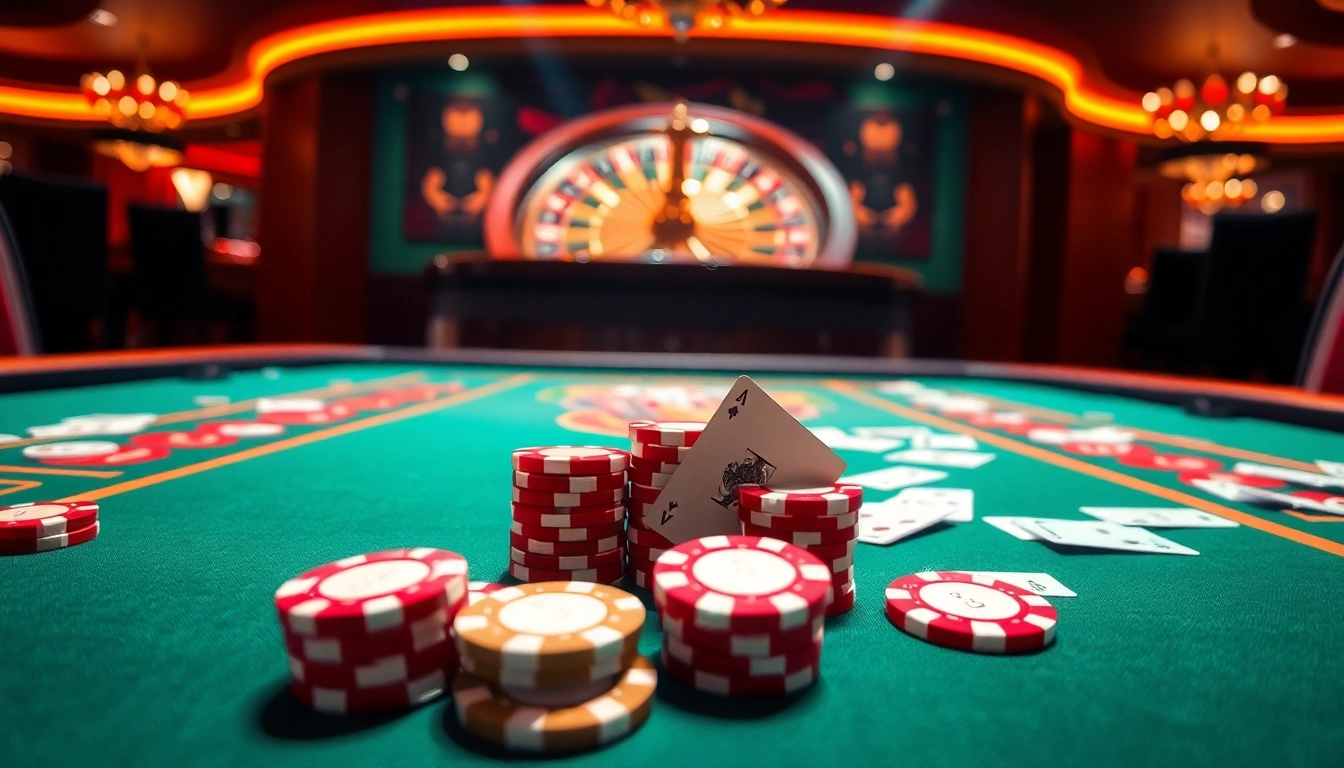 Xocdia88 lively gaming table showcasing cards and chips in a luxurious casino atmosphere.