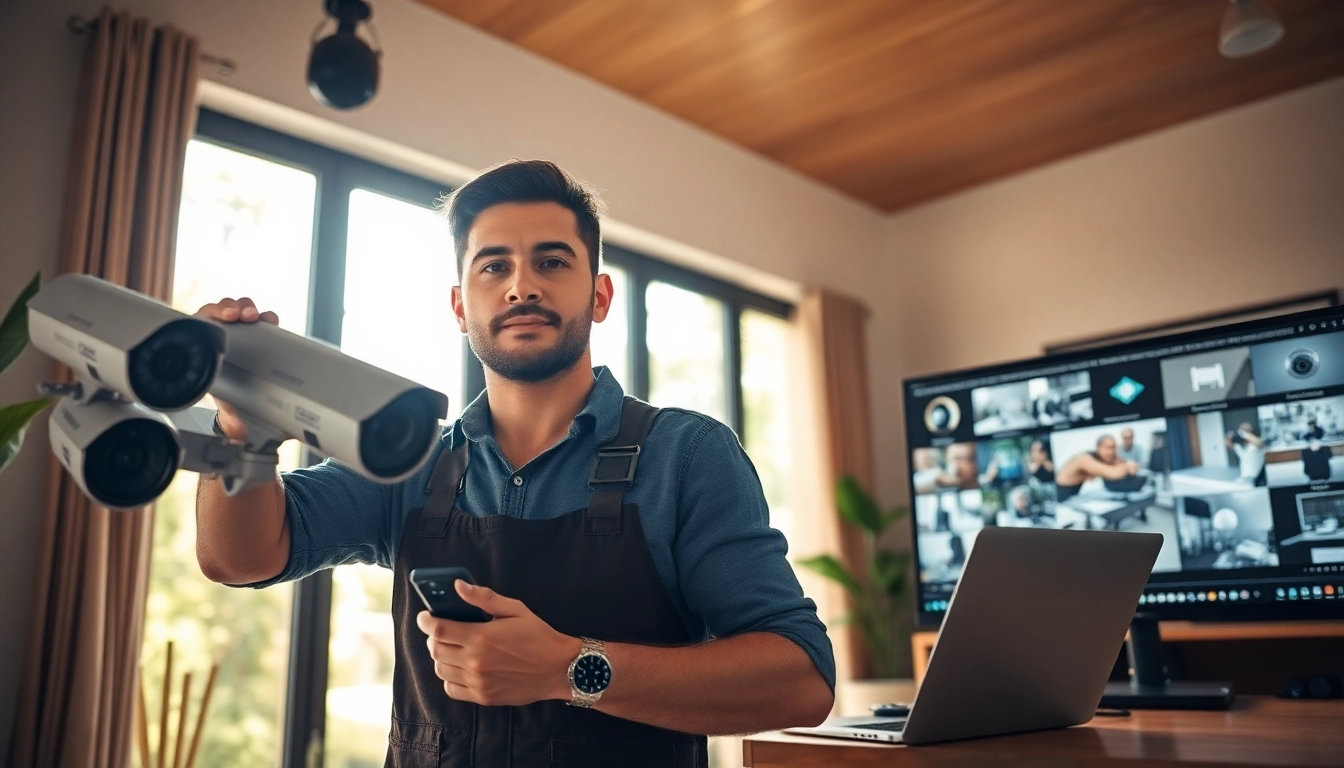 Soporte técnico para cámaras de seguridad proporcionado por un técnico al instalar sistemas de vigilancia modernos en un entorno doméstico.