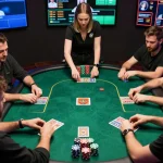 Players at HB88 strategizing their poker game with vibrant chips and cards