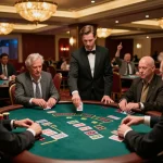 Players strategizing at a blackjack table in a vibrant 99wincasino atmosphere