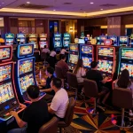 Players enjoying vibrant slot machines in a lively casino scene showcasing the allure of Slot Malaysia