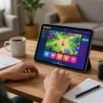 Person engaging in online gaming with Fabet on a tablet in a cozy home setup