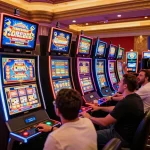 gmnc players spinning reels at slot machines in a vibrant casino atmosphere