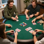 Nohu90 players engaged in a thrilling poker game at home, showcasing chips and cards during a friendly competition.