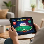Người chơi thưởng thức poker trên ứng dụng máy tính bảng 12bet trong không gian phòng khách ấm cúng