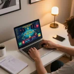 Playing game bài đổi thưởng on laptop at home, showcasing strategic gaming environment