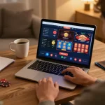 Engaging in thrilling gameplay on 8kbet's online platform from a cozy home setup.