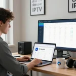 Managing subscriptions with the Sky Glass IPTV Reseller Panel in a modern home office, showcasing entrepreneurial spirit and digital innovation.