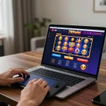 Engaging gameplay on a 789win casino laptop, featuring vibrant games and modern home setup.