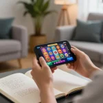 Engaging in 8XBET mobile casino gaming with a smartphone in a cozy home setting.