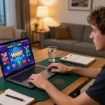 Player engaging in MM88 online casino gaming with live dealer on laptop in cozy living room