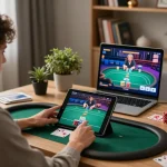 Okfun player strategically engages in online poker within a cozy home office.