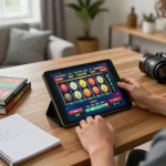 KJCTop player enjoying slots on a tablet in cozy home environment, highlighting online gaming experience.