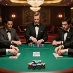 SIN88 players engaged in an intense poker game showcasing strategies and well-stacked chips in a luxury casino.