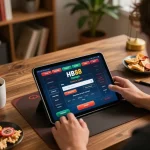 Engaging moment of HB88 đăng nhập via tablet in a cozy home environment, showcasing online betting excitement.