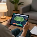 Kèo nhà cái user reviewing betting odds on tablet in a cozy home setting.
