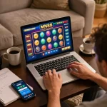 Player enjoying MN88 online casino gaming on a laptop in a cozy home setting with strategic notes visible.