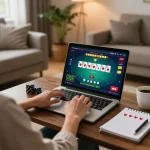 Engaging in online casino gaming at home with cm88 app, showcasing a strategic poker interface.
