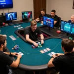 Players engaging in a high-stakes poker game on Soc88's online platform, showcasing strategy and chips.