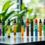 Buy Prefilled Vape Oil Cartridges UK with a colorful assortment of cartridges presented on a modern table.