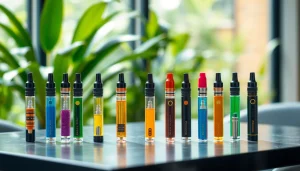 Buy Prefilled Vape Oil Cartridges UK with a colorful assortment of cartridges presented on a modern table.