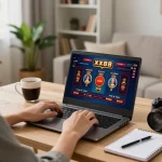 Player enjoying a dynamic online casino experience at xx88 with laptop, notebook, and coffee.