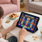 RR88 user enjoying an online slot game on tablet at home with colorful interface.