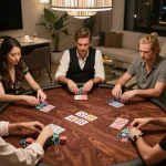 Players sharply focused on their hands during an intense mm88 com poker game night with vibrant chips and cards.