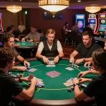Players competing at poker tables at HB88 casino, showcasing strategic gameplay and lively atmosphere.
