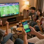 Xoilac app displayed on smartphone screen while placing live sports bets with friends.