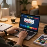 Player engaging with dv88 online poker game, demonstrating strategic gambling at home setup.