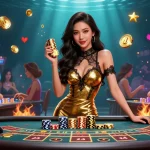 Experience thrilling gaming at LC88 with glamorous players at a VIP baccarat table surrounded by vibrant slots.