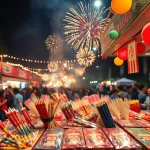Exciting array of fireworks for sale showcased at a vibrant outdoor festival.