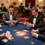 UU88 poker players strategizing a winning hand at a high-stakes table in a luxurious casino