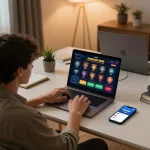Player using the fly88 app for online gambling at a modern home setup, showcasing strategic gameplay.