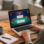 Player strategizing for poker at 678vip's online casino on a laptop.