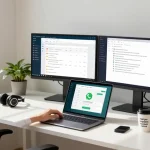 专业人士在明亮的办公室工作区使用笔记本电脑上的WhatsApp Web，周围有显示器和植物。