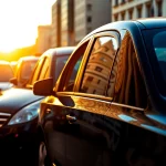 Minicabs parked on a busy urban street during sunset, showcasing variety and urban mobility.