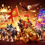 Shbet casino features 3D rooster warlord and golden slot machine in an exciting scene.