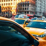 Cabs navigating a lively urban environment with a busy street scene.