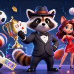 Experience excitement at FUN88, featuring a stylish raccoon with a royal flush and dynamic sports elements.