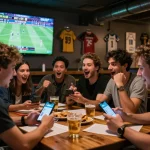Friends placing bets and enjoying a live game using the 86bet app in a lively sports bar.
