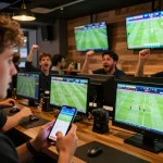 Engaging sports betting moment with cakhiatv app in use, showing live match updates and excitement among bettors.