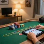 Engaging in live blackjack at home, featuring bk8 dad tablet gameplay and colorful poker chips.