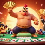 Witness SV388's intense cockfighting scene with a powerful sumo rooster and fierce cricket, enhanced by vibrant poker elements.