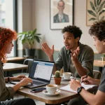 Engaging urban scene with friends discussing ai nsfw chat technology in a café, showcasing vibrant social interaction and tech.