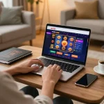 Player engaging with open88 com on a laptop in a cozy gaming setup, showcasing an exciting casino experience.