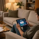 Person engaged in online gaming on x88 com with tablet, comfortable home atmosphere.
