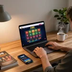 Engaging moment of online gambling with n188's interface visible on a laptop, showcasing modern gaming setup.